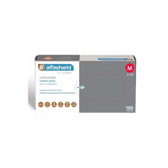 ALFASHIELD - ΓΑΝΤΙΑ LATEX ΜΕ ΠΟΥΔΡΑ L/ 100TMX (MX) - Πρώτες βοήθειες - γάντια στο Villagepharmacy