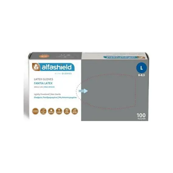 ALFASHIELD - ΓΑΝΤΙΑ LATEX ΜΕ ΠΟΥΔΡΑ L/ 100TMX (MX) - Πρώτες βοήθειες - γάντια στο Villagepharmacy
