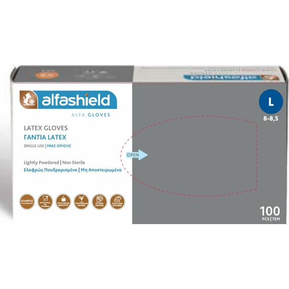 ALFASHIELD - ΓΑΝΤΙΑ LATEX ΜΕ ΠΟΥΔΡΑ L/ 100TMX (MX) - Πρώτες βοήθειες - γάντια στο Villagepharmacy